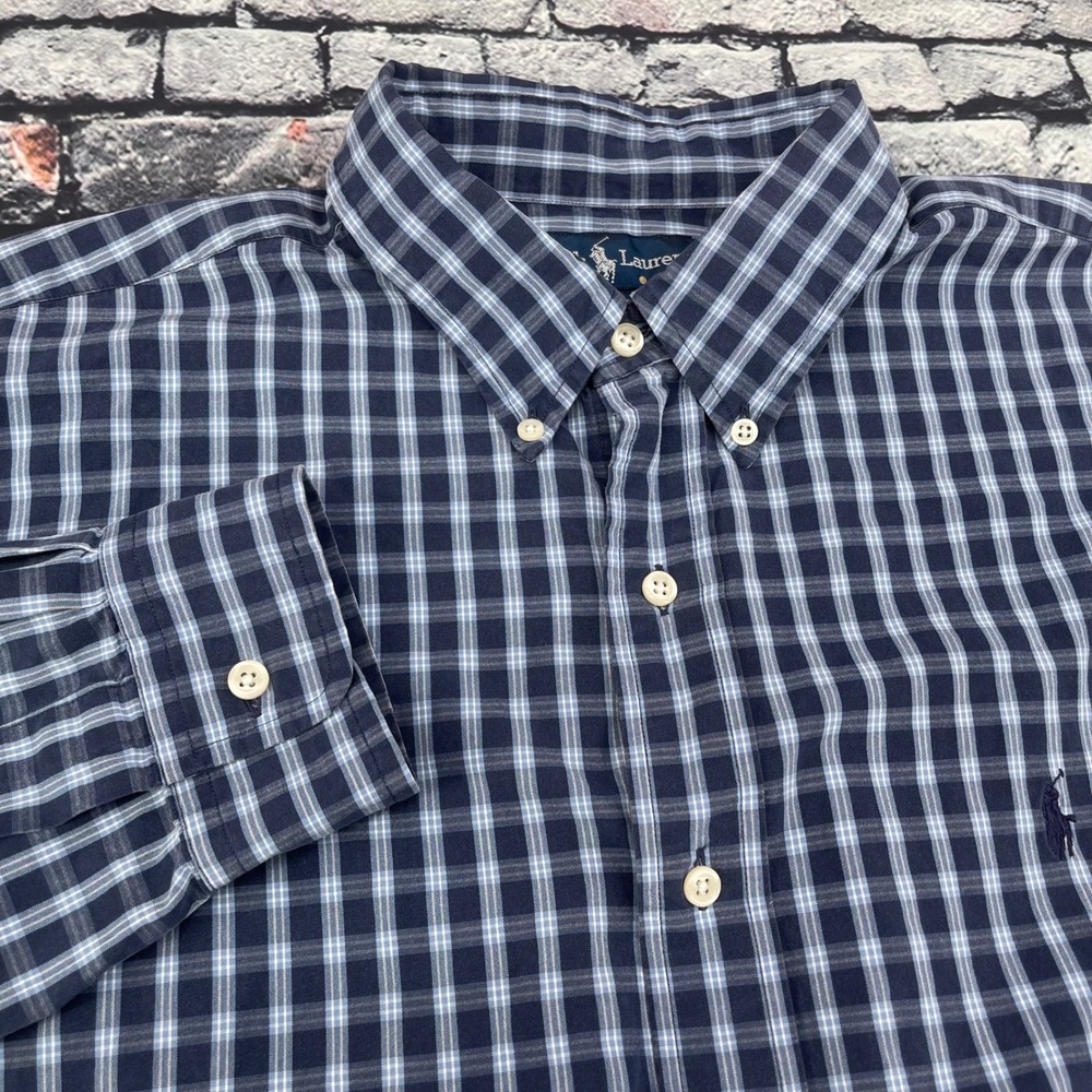 Polo Ralph Lauren Blake Mens XL Navy Blue Plaid Cotton Button Down Shirt Logo